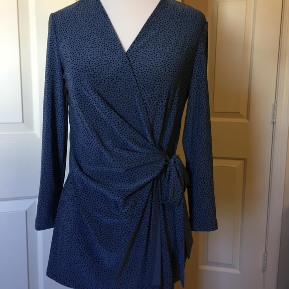 Anne Klein Blue & Black Polka Dot Wrap Blouse (S) - Picture 2 of 4